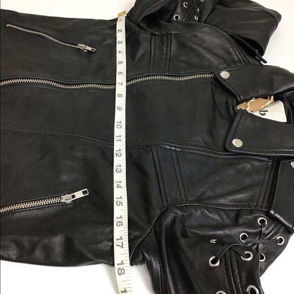 Lab London Black Leather Moto Biker Jacket  Lattice Sleeve Size Medium - Picture 9 of 10